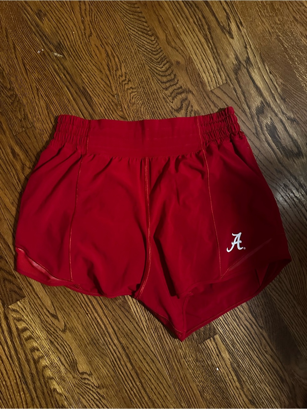 Red Women's Athletic Shorts with Script A Logo Alabama
